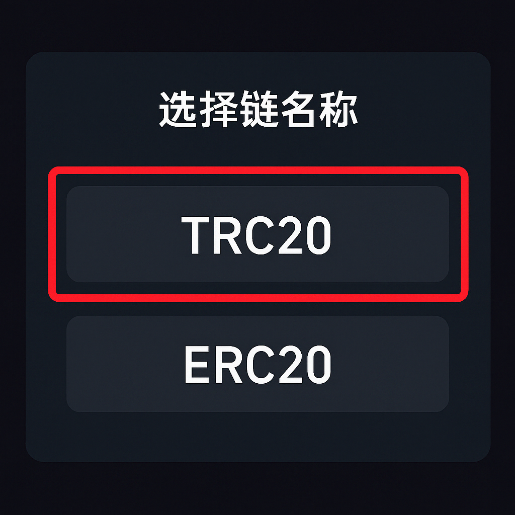 TRC20 和 ERC20 鏈種選擇畫面,TRC20 以紅框高亮提示為推薦選項,用於 USDT 提領時避免轉錯鏈。